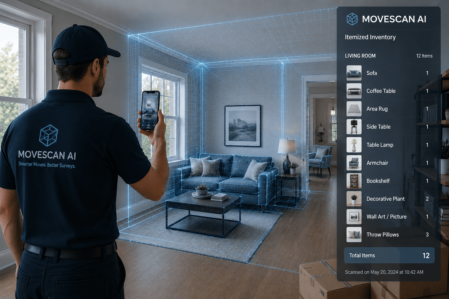 Surveyor using MoveScan AI to capture a hands-free moving survey in a living room