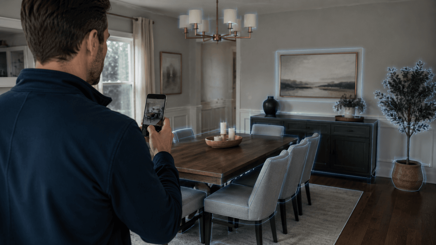AI vision scanning identifying furniture and household items during a moving survey